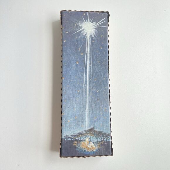 Christmas Nativity Canvas Gallery Heavenly Light Print Tin Edge Wood Wall Decor - Picture 1 of 7